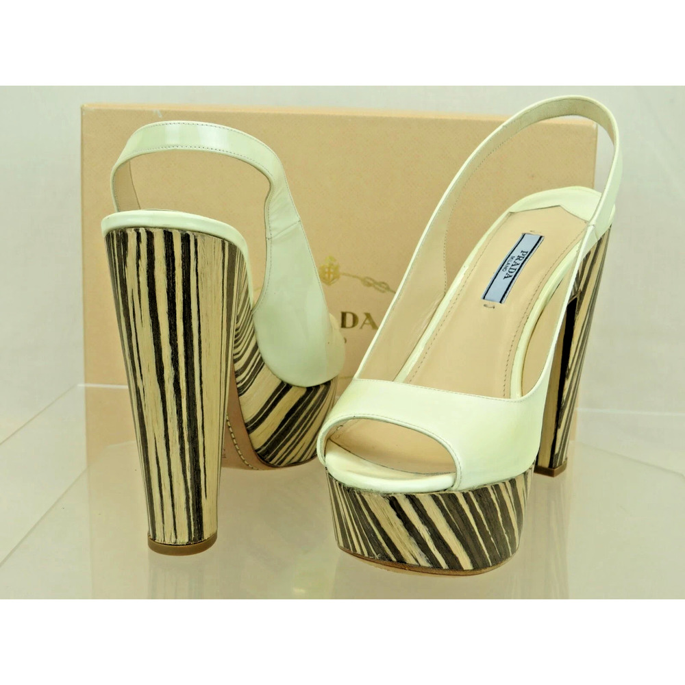 NIB PRADA 1Z647D WHITE PATENT LEATHER WOOD PLATFORM SANDALS PUMPS 40.5 ITALY - Picture 2 of 11